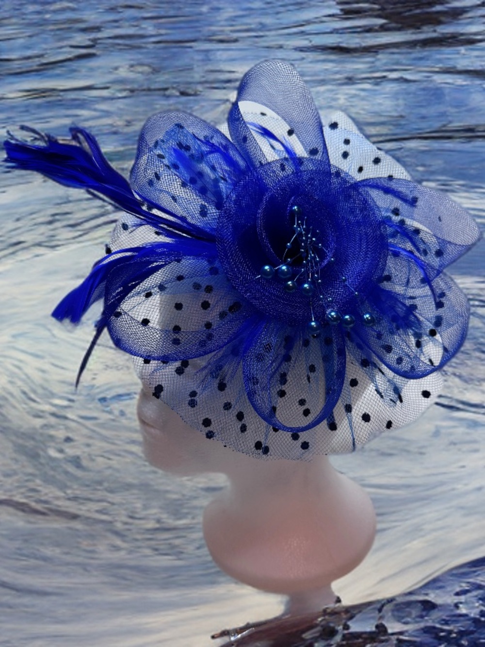 Daring Cobalt Blue Tulle Flower Feather Pearl Fascinator Headband And Clip